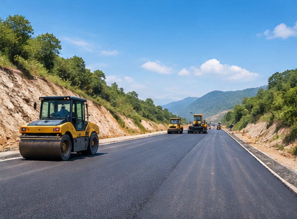 Road construction with heavy machinery